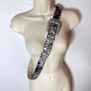 Rhinestone Bling Western Belt XL Leather Black Silver Cowgirl Festival EXCELLENT